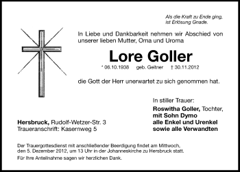 Traueranzeige von Lore Goller von Hersbrucker Zeitung